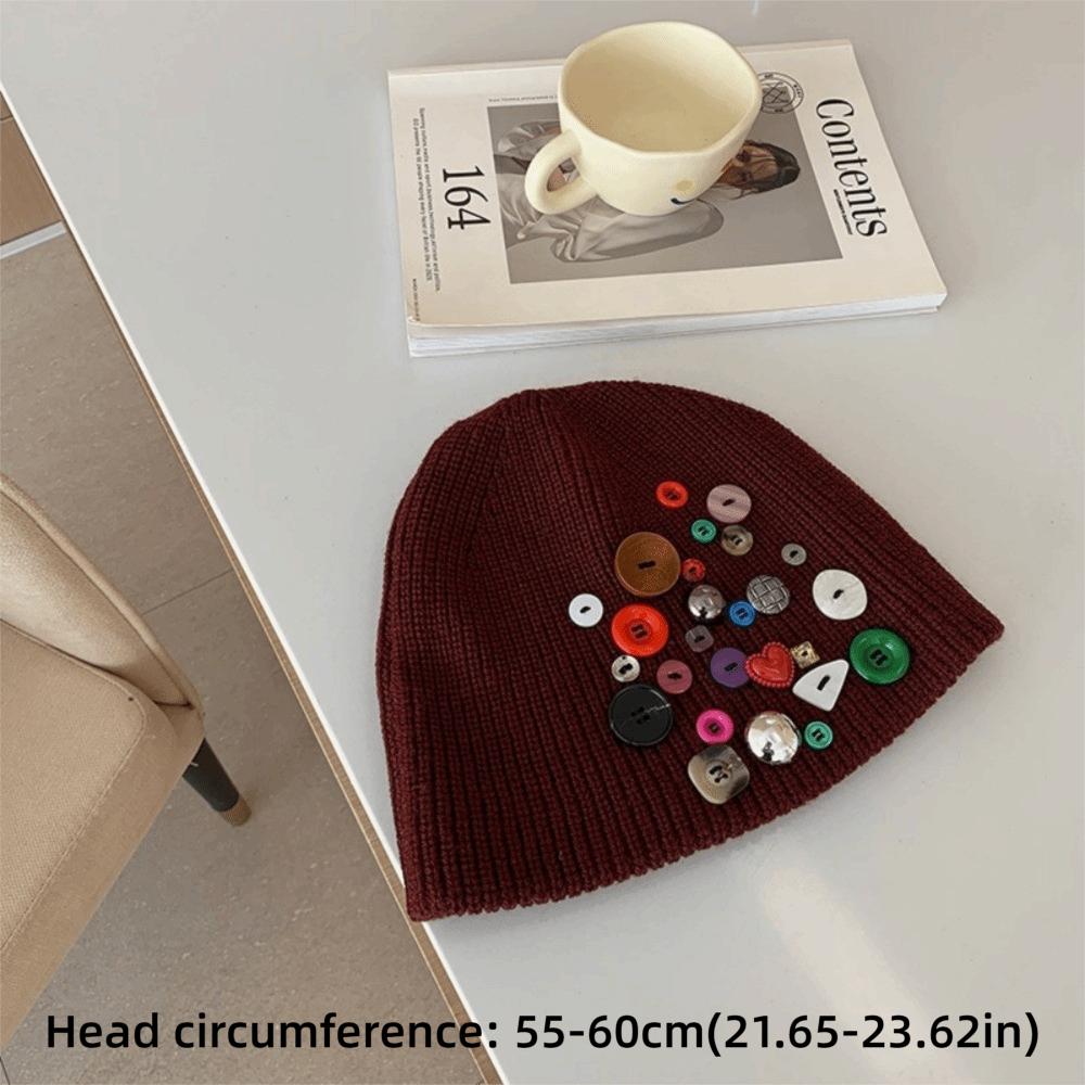 Colorful Button Beanie Hat Cuffed Personality Cold Cap Fashion Knitted Hat