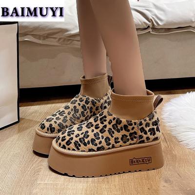 Leopard Women Fur Platform Snow Ankle Boots Winter Suede Warm Shoes Woman Brand 2024 Trend Plush Flats Cotton Casual Botas Mujer