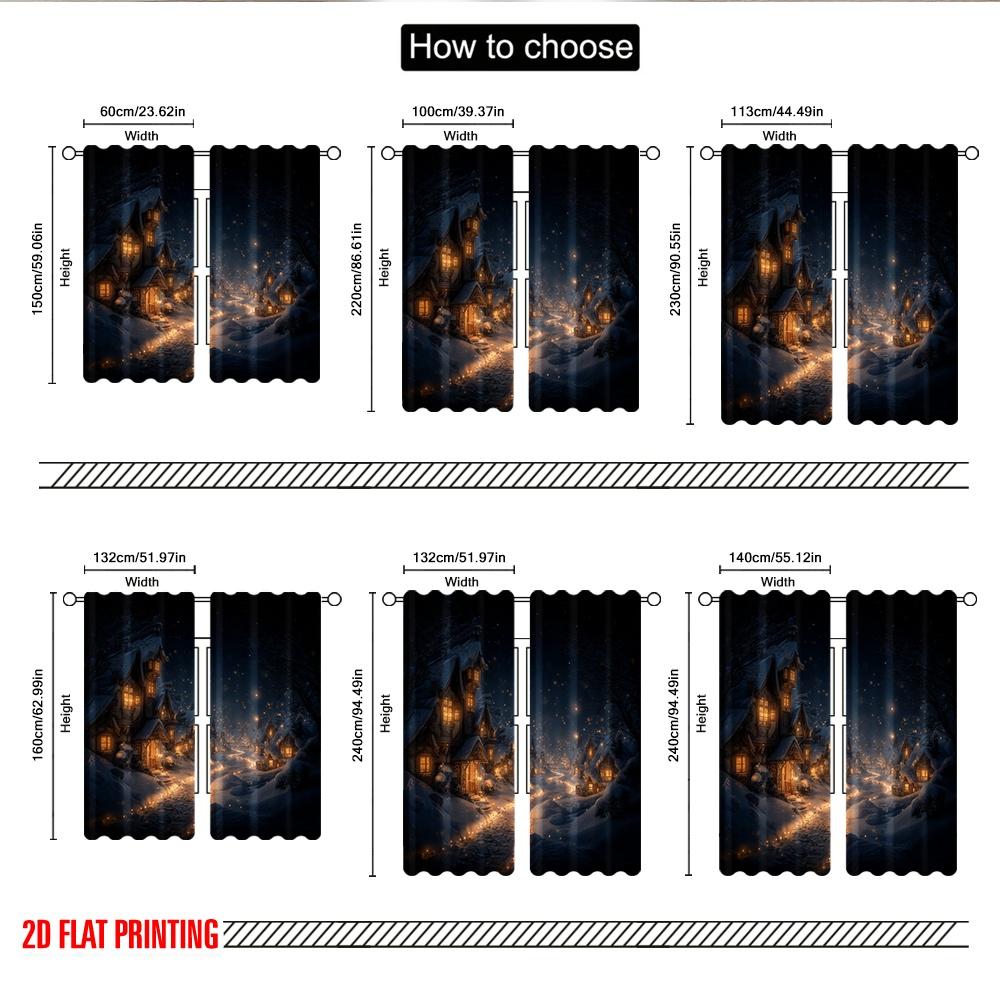 Set Of 2 Flat Printing Merry Christmas Curtains Cozy Winter Village Evening Scene Digital Printed Polyester Drapes Family Party Curtain Made