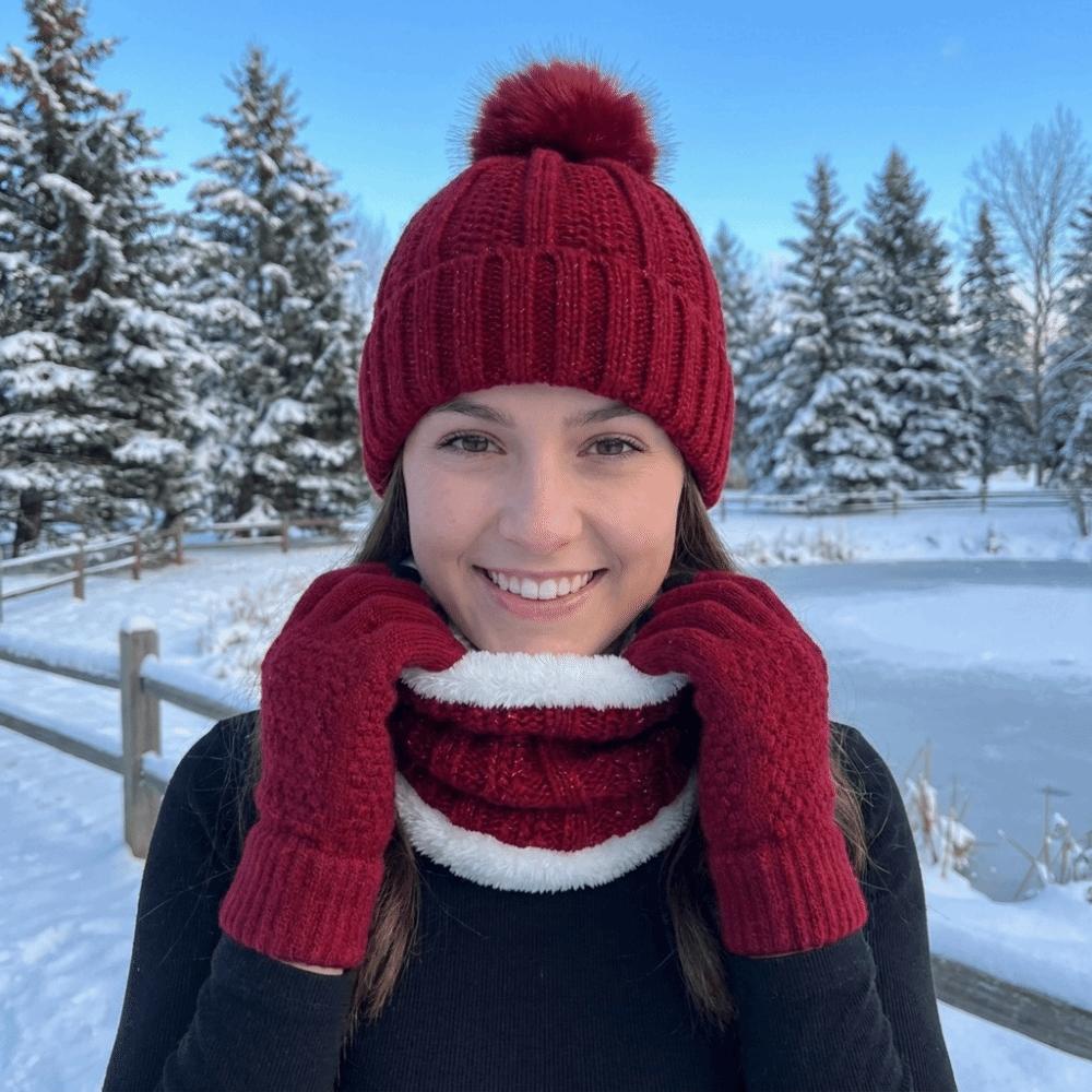 3pcs Thickened Knitted Hat Cute Pompom Beanie Hat Soft Hat Scarf Gloves Set  Daily