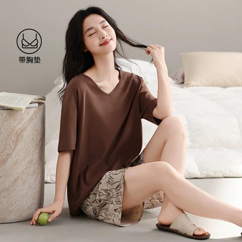 Pajamas with Chest Pads Women's Summer Tencel Short-sleeved Shorts 1011 New Lyocell High-end Loungewear Set
