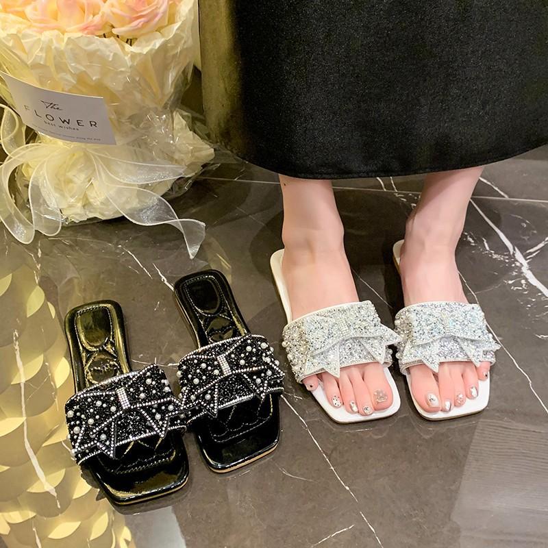 Vackra tofflor med fyrkantig tå för damer, ytterplagg 2025 sommarmode, mångsidig rosettpärla, svala tofflor, damskor