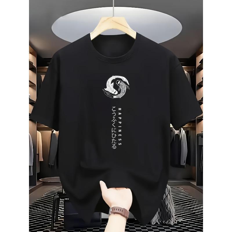 

European sizes Men s Lightweight Summer T-Shirt - White Casual Everyday Shirt with Koi Fish Print, Breathable Round Neck Tee for Hot Weather, Office 4XL чорний