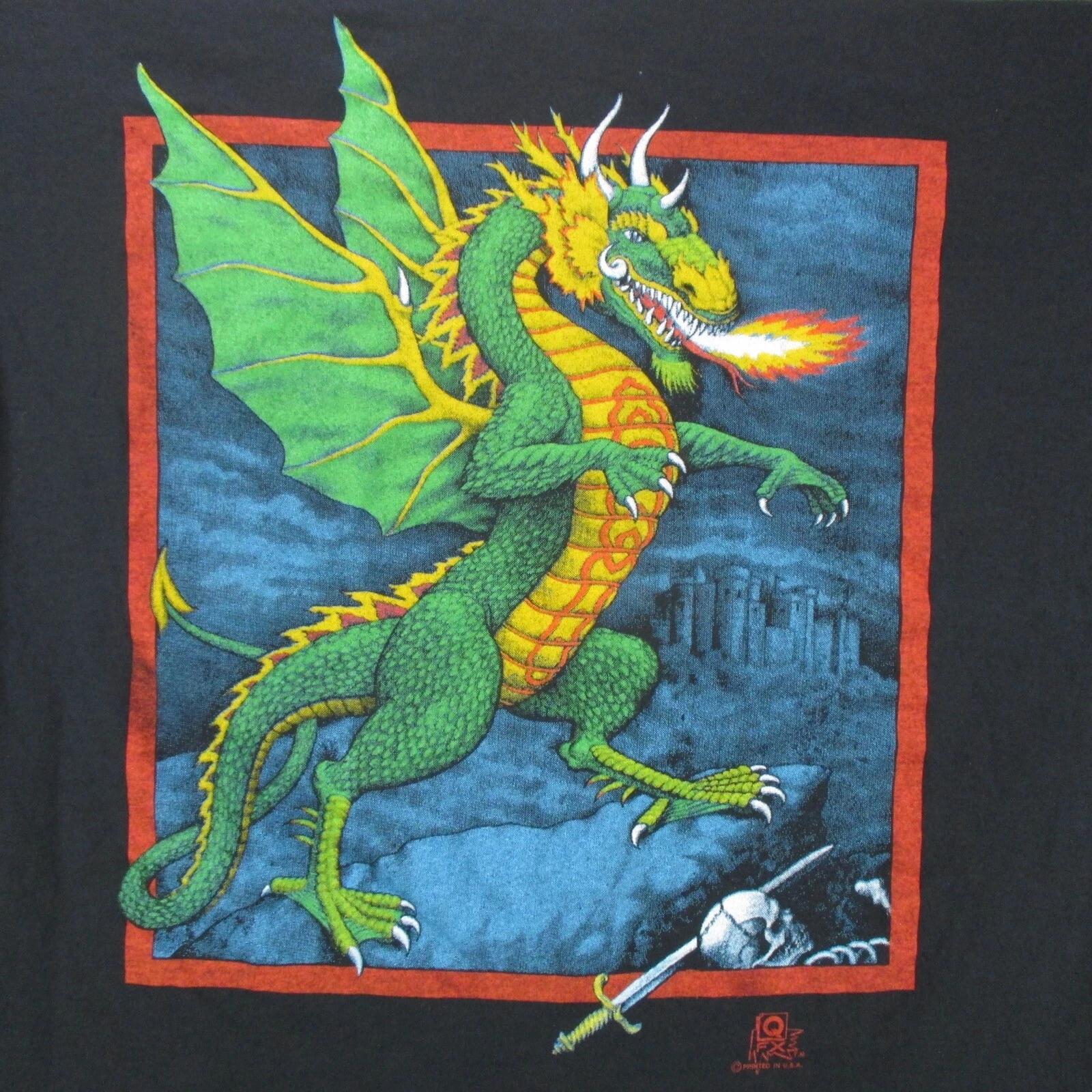 винтажная футболка 80-х ОГНЕДЫШАЩИЙ ДРАКОН РАЗМЕР S фэнтези подземелье одинарный шов S