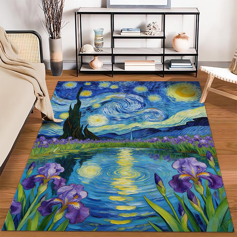 "Starry Night-Inspired Carpet with Purple Irises and Lake Scene" Suitable for use as an anti-slip for living room bedroom sofas