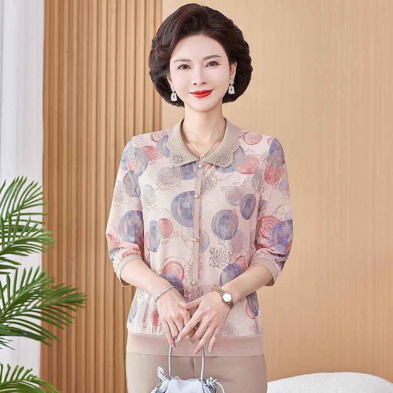 

Spring Loose Fit Lace Collar Long-Sleeve T-Shirt for Middle-Aged and Elderly Women XL (Below 105 Jin) синій