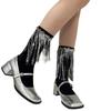 Womens Harajuku Sequins Tassels Decorative Trim Calf Sock 90s Solid Rib Middle Tube Sock Nightclub Party Stockings