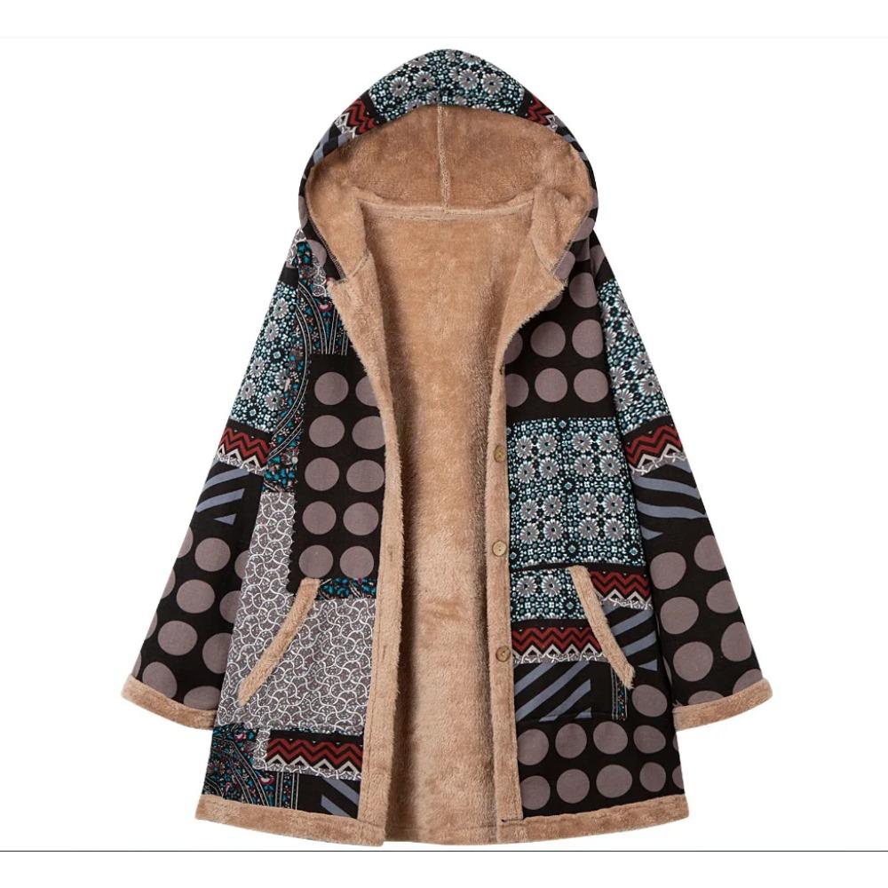Winter Vintage Women Coat Warm Printing Thick Fleece Hooded Long Jacket with Pocket Outwear Loose Jackets