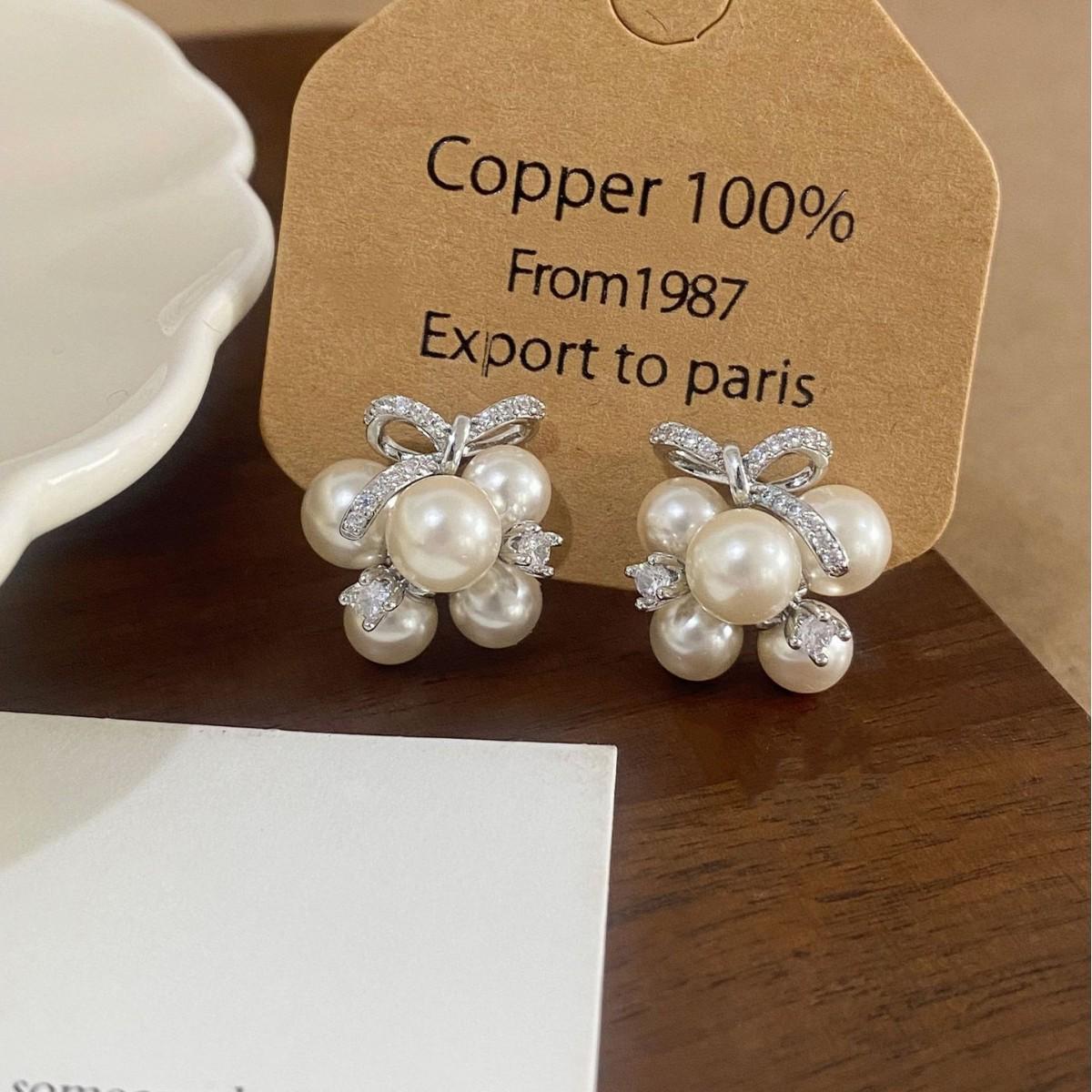 French Zircon Bow  Pearl Grape Cluster Stud Earrings for Women - Exquisite High-End Jewelry
