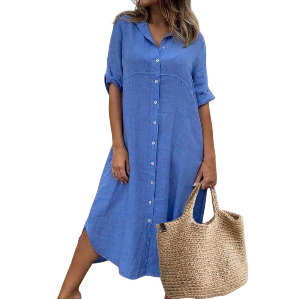 Summer Women Dress SIngle-breasted Half Sleeves Turn-down Collar Loose Solid Color Buttons Commute Daily Wear Midi Dress