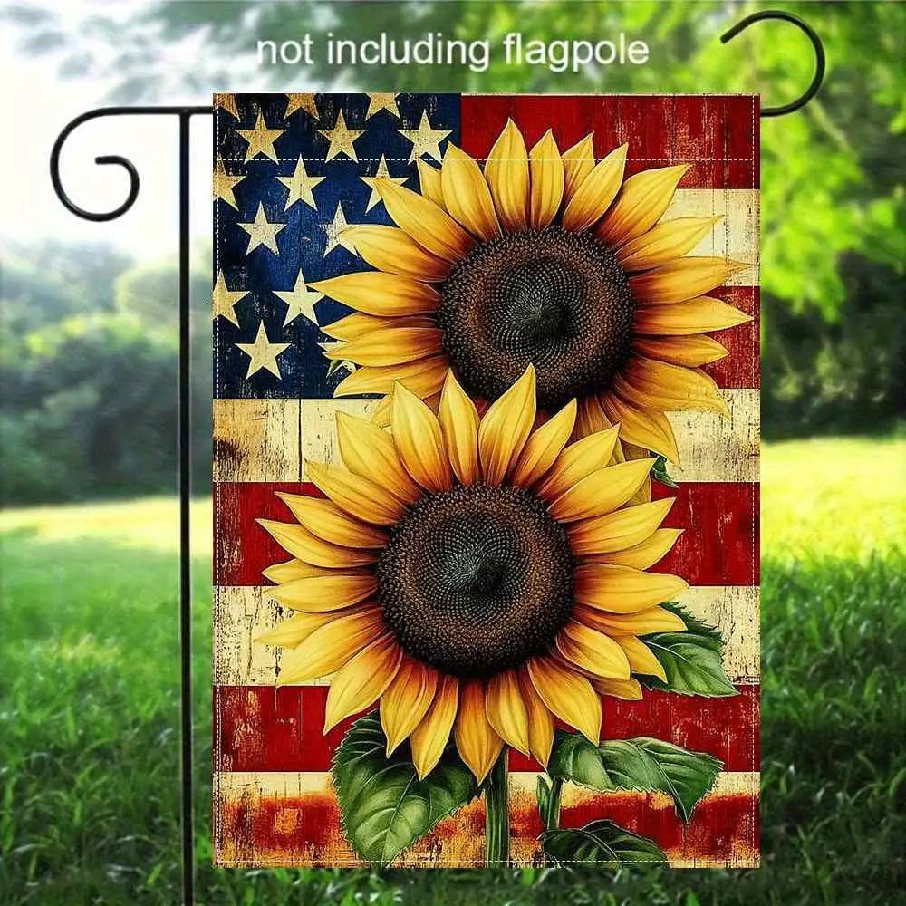 2D Flat, 2D Printing Garden Flag 1pc Double-Sided Printed Garden Flag with Sunflower & American Flag Design - Patriotic Outdoor Decoration for Yard, P