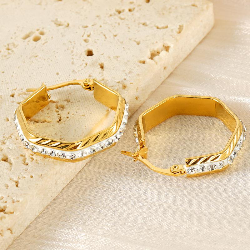 

Шестиугольные серьги из титановой стали с золотым покрытием и бриллиантами: Европейский и американский стиль для женщин 18K