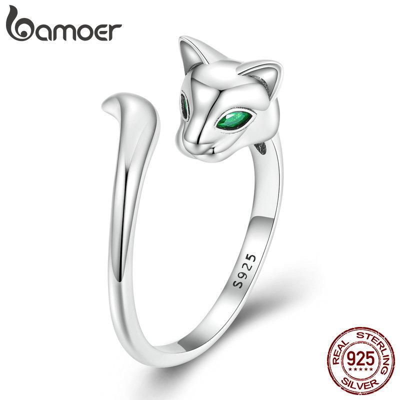 

BAMOER Стерлингового Серебра 925 пробы, открытое кольцо с лисой, зеленый циркон, лисьий хвост, регулируемое кольцо для женщин, подарок на день рождения, простые ювелирные изделия