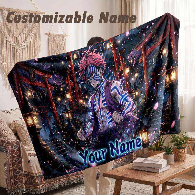 Custom Name Flannel Blanket,Demon Slayer Lightweight Warm Bed Blanket For Couch & Holiday Gift