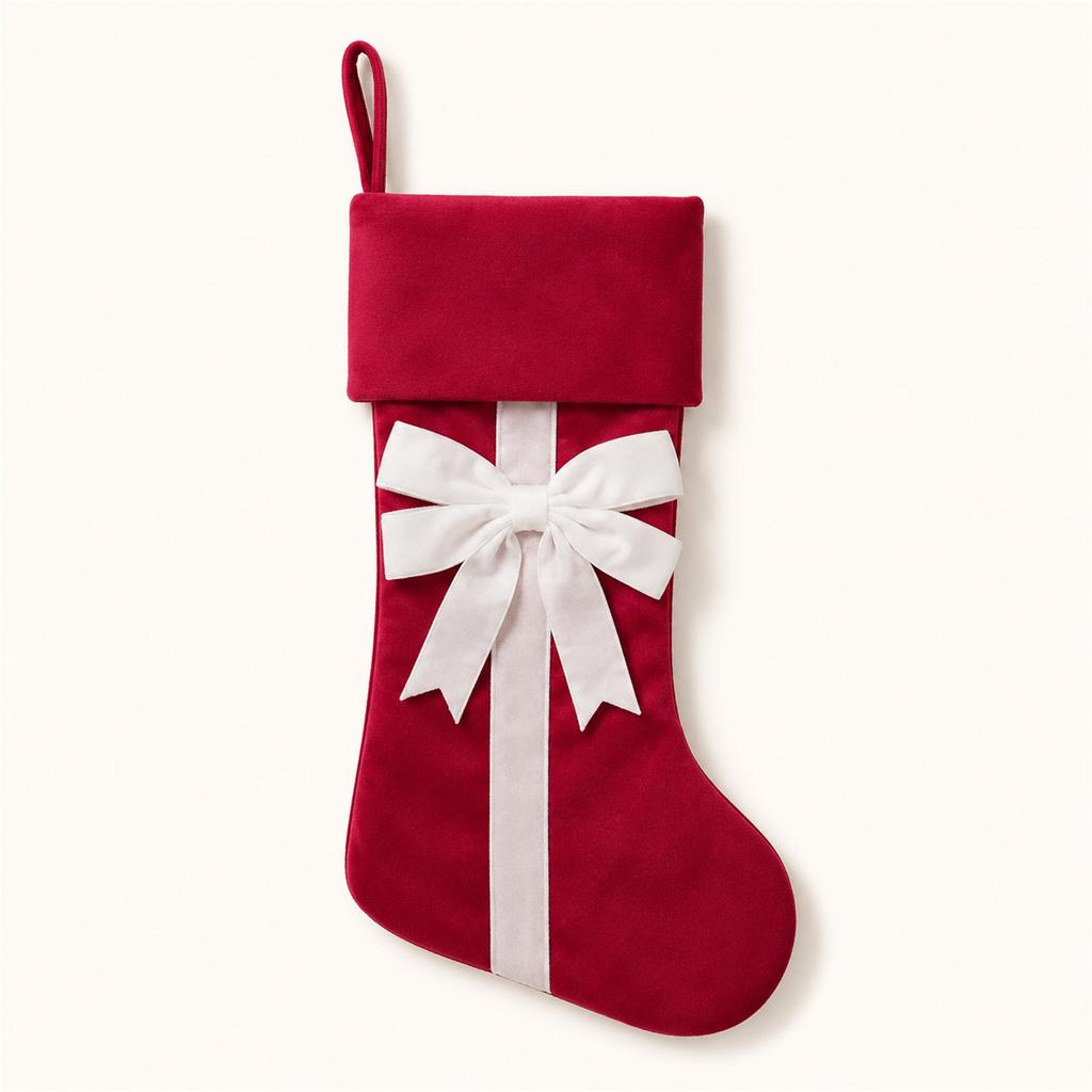 Velvet Christmas with Bows - Fireplace Hanging Stocking Set, 4 Pack Red Green Cream, Christmas Tree Decoration Gift Bags