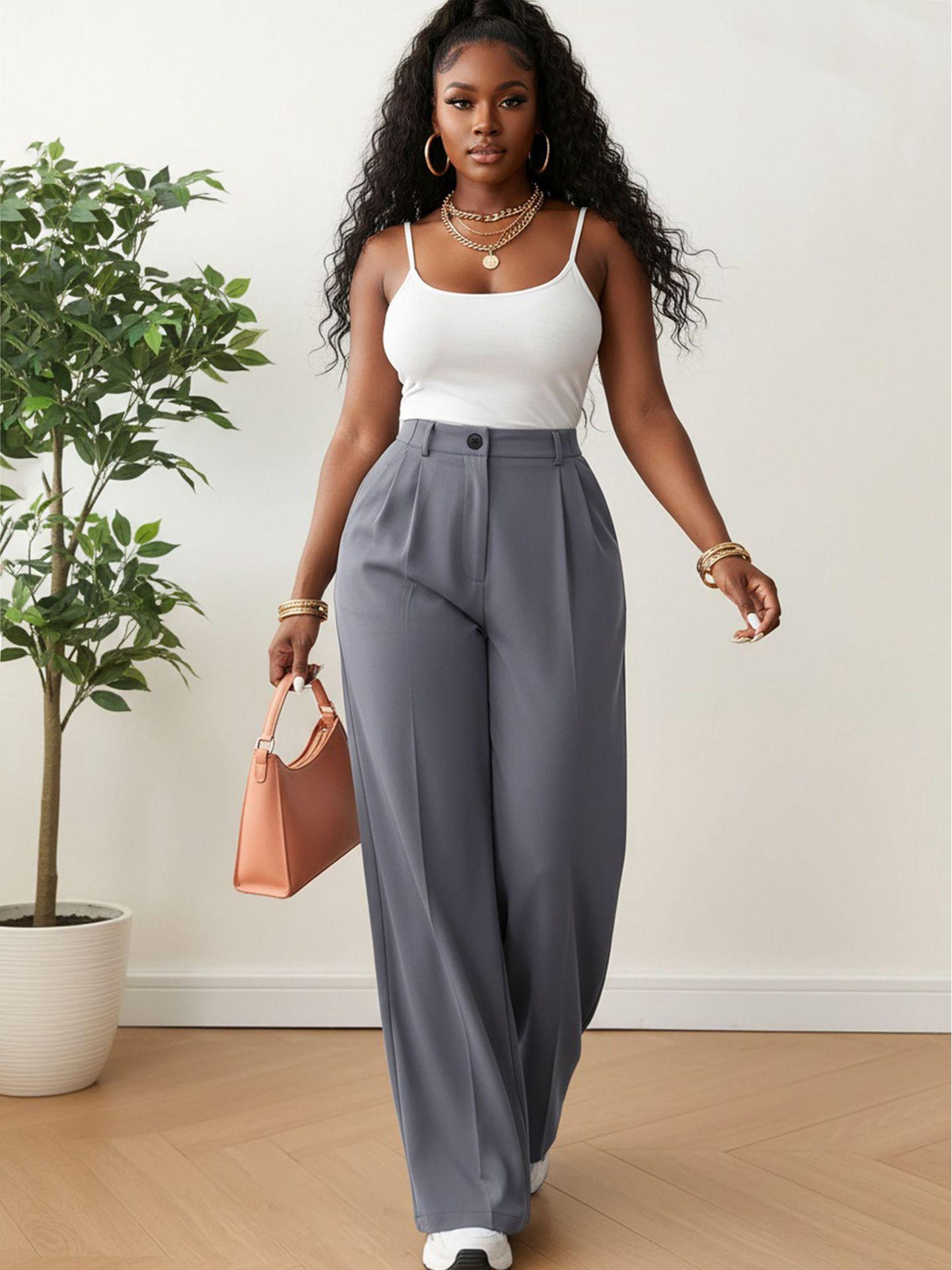 

European Casual Petite Straight-Leg Pants for Autumn/Winter - Loose, High-End Feel, Wide-Leg Style Medium [100-115] сірий колір