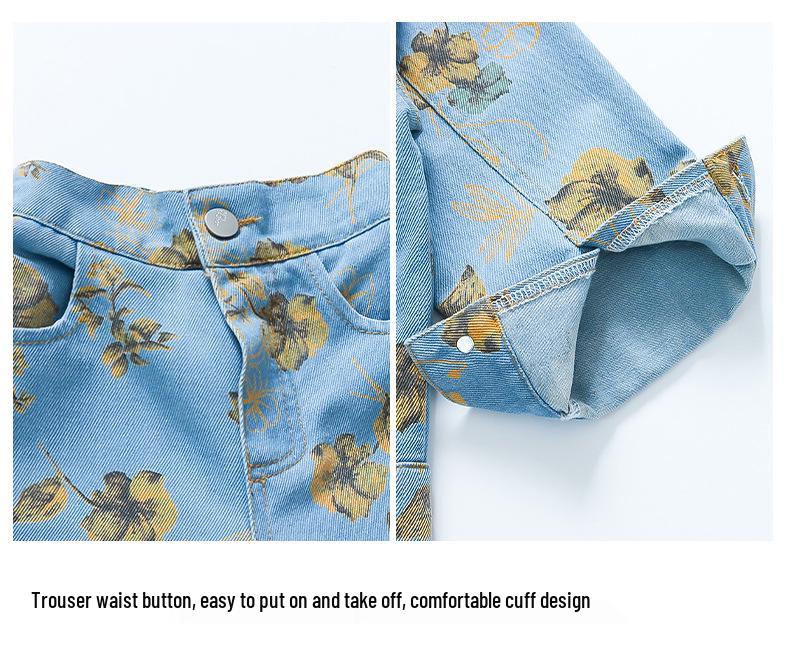 2025 Autumn Girls' Floral Denim Two-Piece Set – Trendy Wide-Leg Pants and Jacket