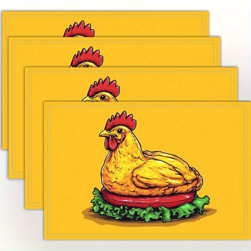 

Funny Chicken On Burger Yellow Placemat Linen Non Slip Kitchen Table Mat For Home Dining Decor Gift For Chicken Lovers 4Pcs-30X45cm(12X18in