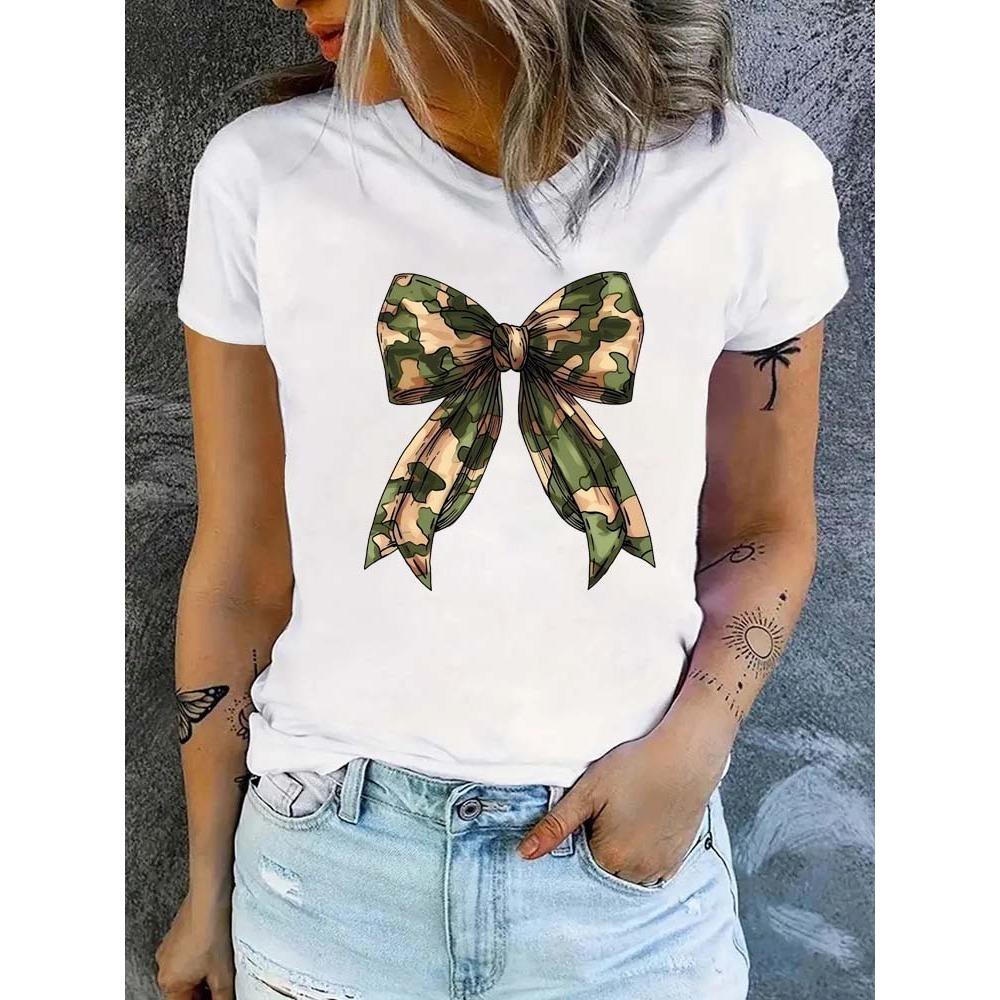 Summer New 90s Leopard Print Bow Short Sleeve Print Clothing Women's T-Shirt Harajuku Graphic Clothing Women's Top Tee