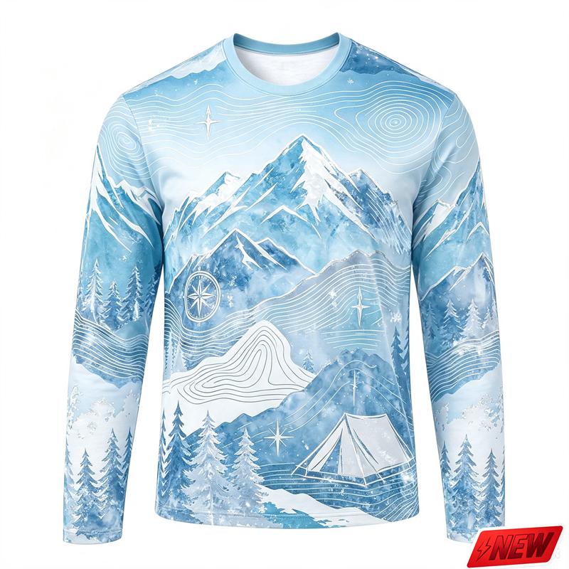 Men's Outdoor Camping Long Sleeve T-Shirt Mountain Forest Casual Crew Neck Top 3d Print Natural Landscape Graphic Tee Hiking
