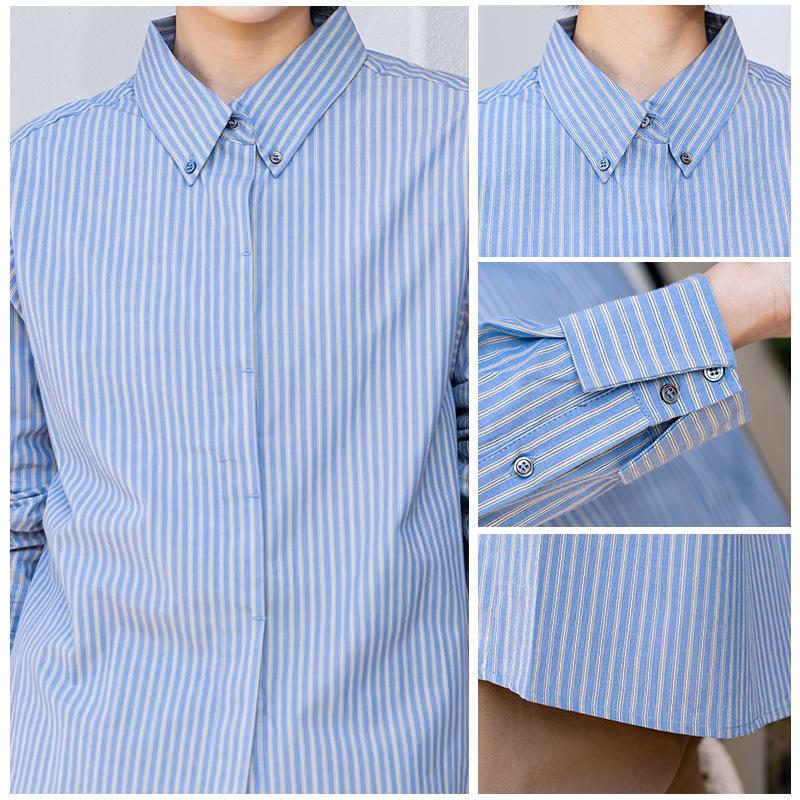 YUN Women's Casual Striped Cotton Long-Sleeve Shirt with Lapel