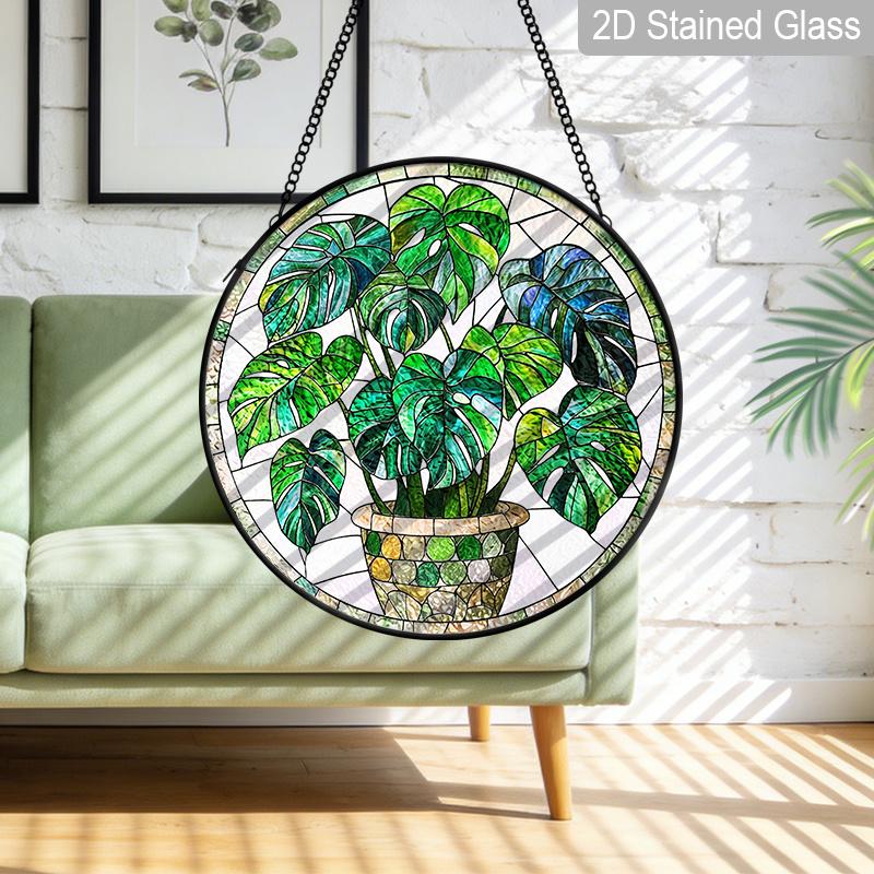 2D Flat Stained Glass Green Plant Monstera Deliciosa Window Decoration Colored Glass Plate, 7.87inches Hanging Ornament with Chain, Charming Spring