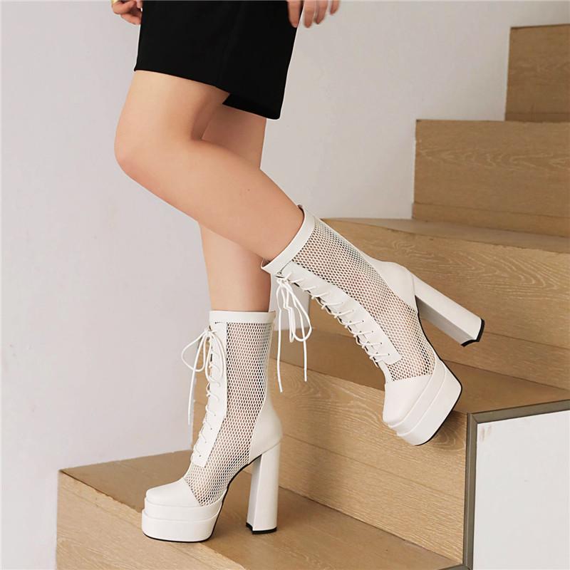 Women's High-heeled Short Boots Sexy European and American Style Waterproof Platform Thick-heeled Large-size Net Boots