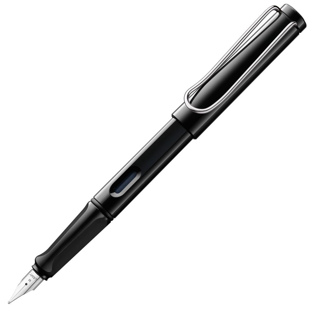 Lamy Safari Glänzend Schwarz Füller Schwarz Ergonomischer Griff und Polierter Stahl Größe F Ideal zum Schreiben und für Kalligraphie Enthält LAMY T10 Blaue Tintenpatrone