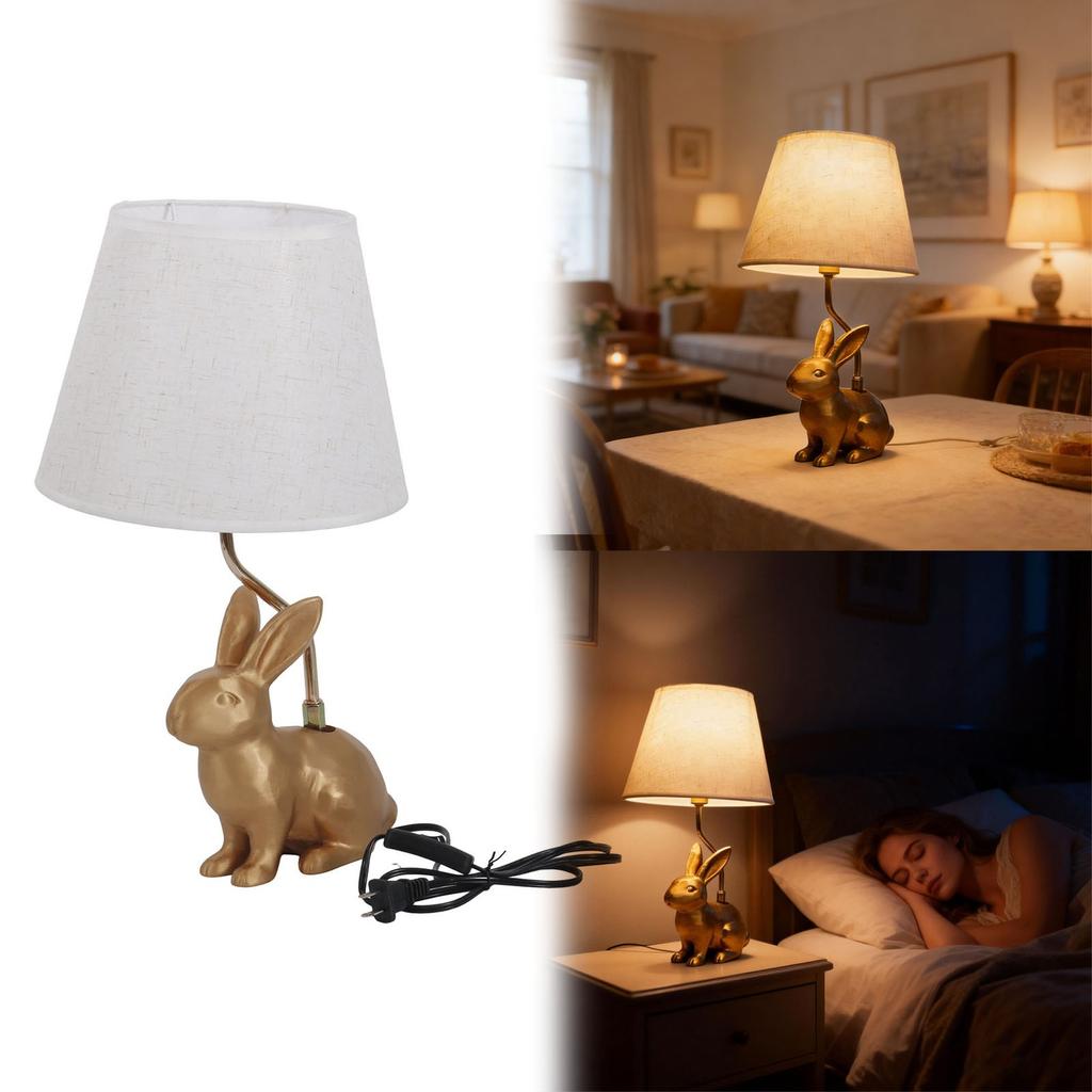 Golden Bunny Dog Resin Table Lamp With Linen Shade, Cute Desk And Bedside Lamp For Bedroom, Living Room Nightstand, Unique Home Deco
