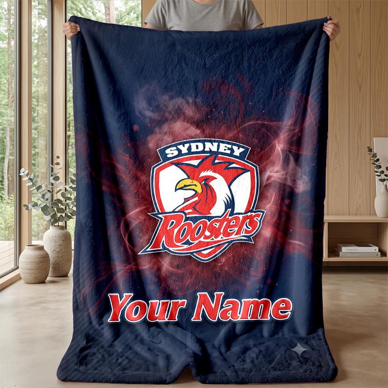 Sydney Roosters Custom Flannel Throw Blanket Print Your Name Text Soft Warm Blanket Holiday Present