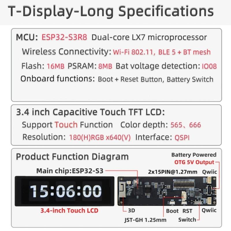 Advanced T Display ESP32-S3R8 Long Development Board ESP32-S3R8 DoubleCore LX7 Microprocessor 3.4in Touch LCD BLE5