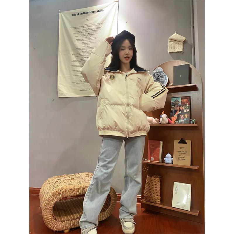 Retro Women's Color Block Stand-up Collar Warm Cotton Jacket - Autumn/Winter Loose Fit Trend