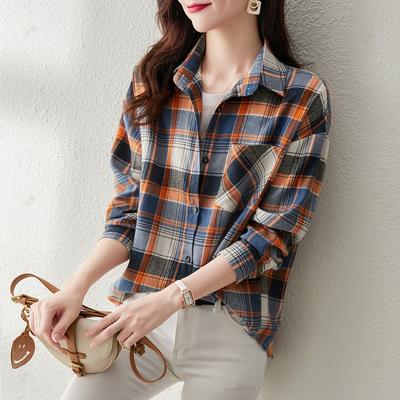 Long-sleeved Plaid Large-size Shirt for Women's Spring and Autumn New Top Casual Mother Cotton Shirt Temperament Jacket