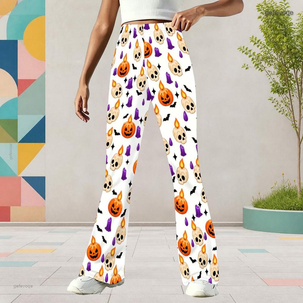 Girls Cartoon Potted Carnivorous Plant Print White High Waist Flare Pants