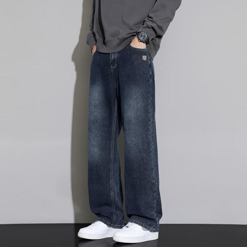 VANCAMEL Men's American Retro Loose Fit Straight-Leg Washed Jeans