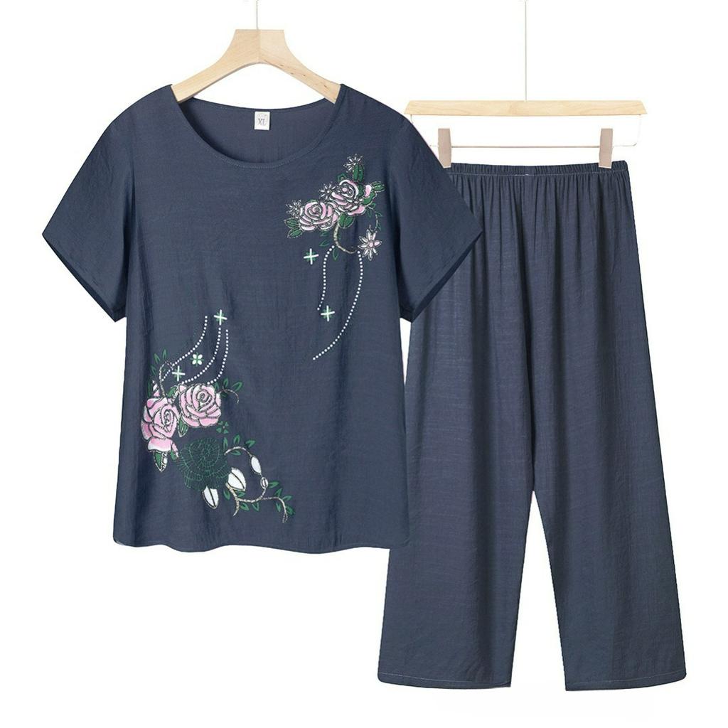 Pajamas Summer Short-sleeved Breathable T-shirt Suit Spring and Autumn Large Size Cotton and Linen Printed Home Service