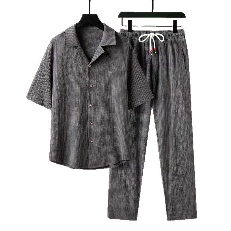 5-point Sleeve Casual Suit Men's Thin Linen Short Sleeved Sports Cotton Solid Color Chinese Style Two-piece Set Men