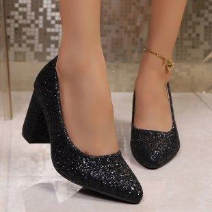 

2026 New Black Glitter Thick Heel High Heels Pointed Shallow Mouth Banquet Shoes 35 чёрный