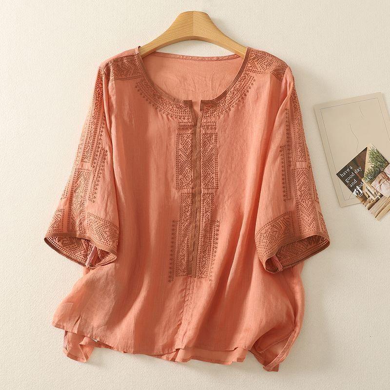 Linen Embroidery Women's T Shirt Loose Pullover Tee O Neck Thin Shirt Three Quarter Sleeves Summer Retro Blouse