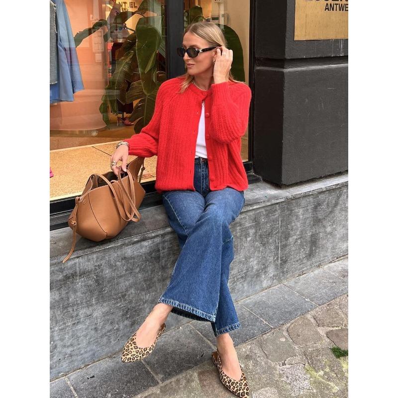 

Autumn and winter street fashion solid color knitted cardigan, temperament all-match casual round neck long-sleeved sweater jacket S красный