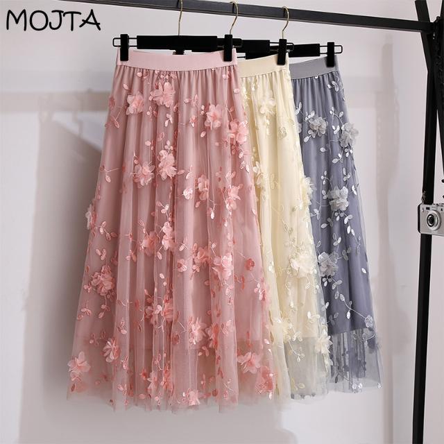 Herfst Winter Dames Hoge Taille Casual Lange Rok Kleding Mesh Kralen Mid-kuit Rokken Vrouw Lange Rokken Voor Dames