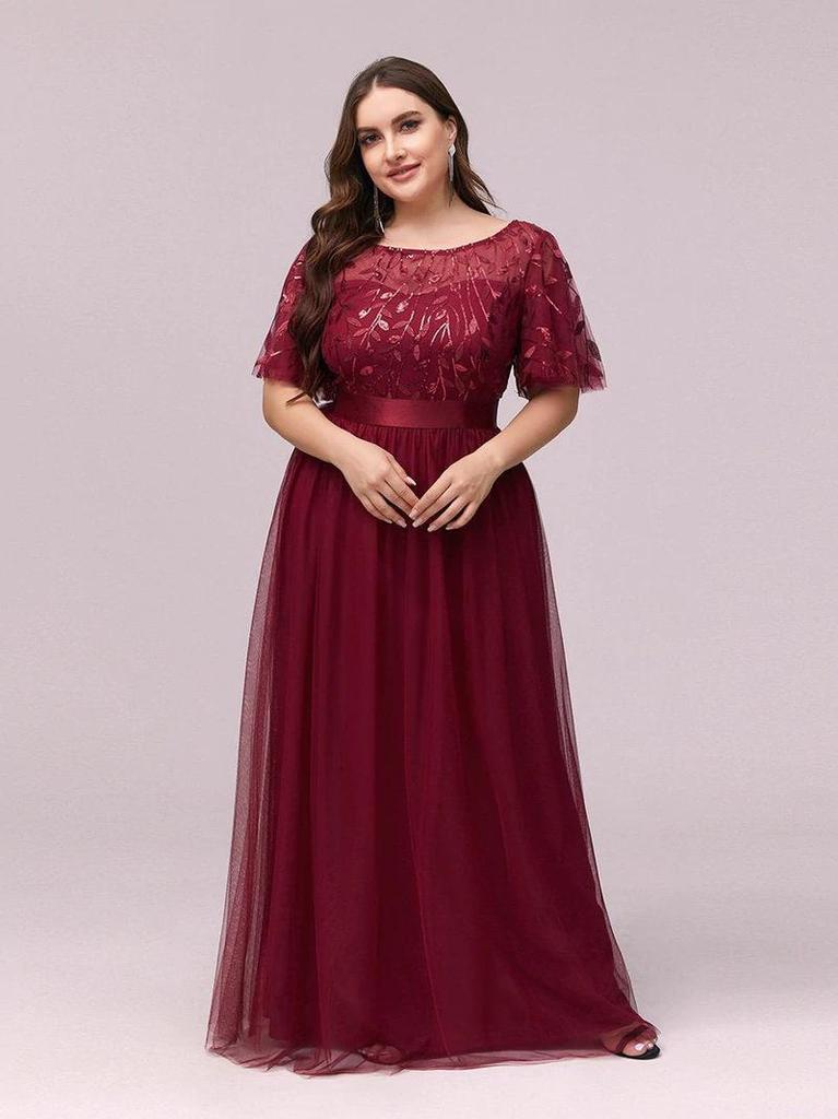 Elegant Plus Size Sequin Embroidered Evening Gown with Mesh Hem