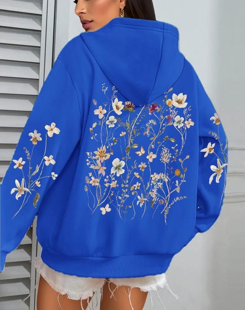 Damen Kapuzenpullover mit Blumen-Cluster-Print - Herbst Locker Lässig Fleece Pullover mit Taschen