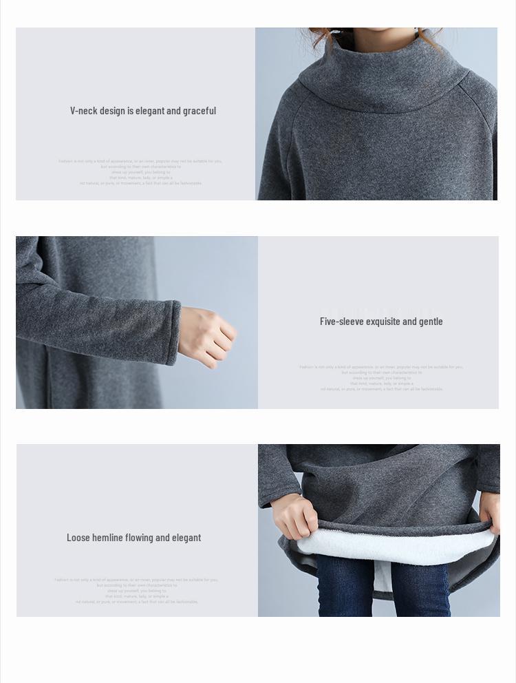 Vestido de Algodón y Lino con Forro Polar de Talla Grande Estilo Étnico 2017 con Cuello Alto