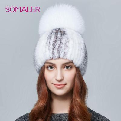 Kadınlar için Kış Örgü Kürk Şapkalar Büyük Tilki Kürk Ponpon Sıcak Bere Siyah Vizon Kürk Örgü Kayak Şapkaları Kızlar için