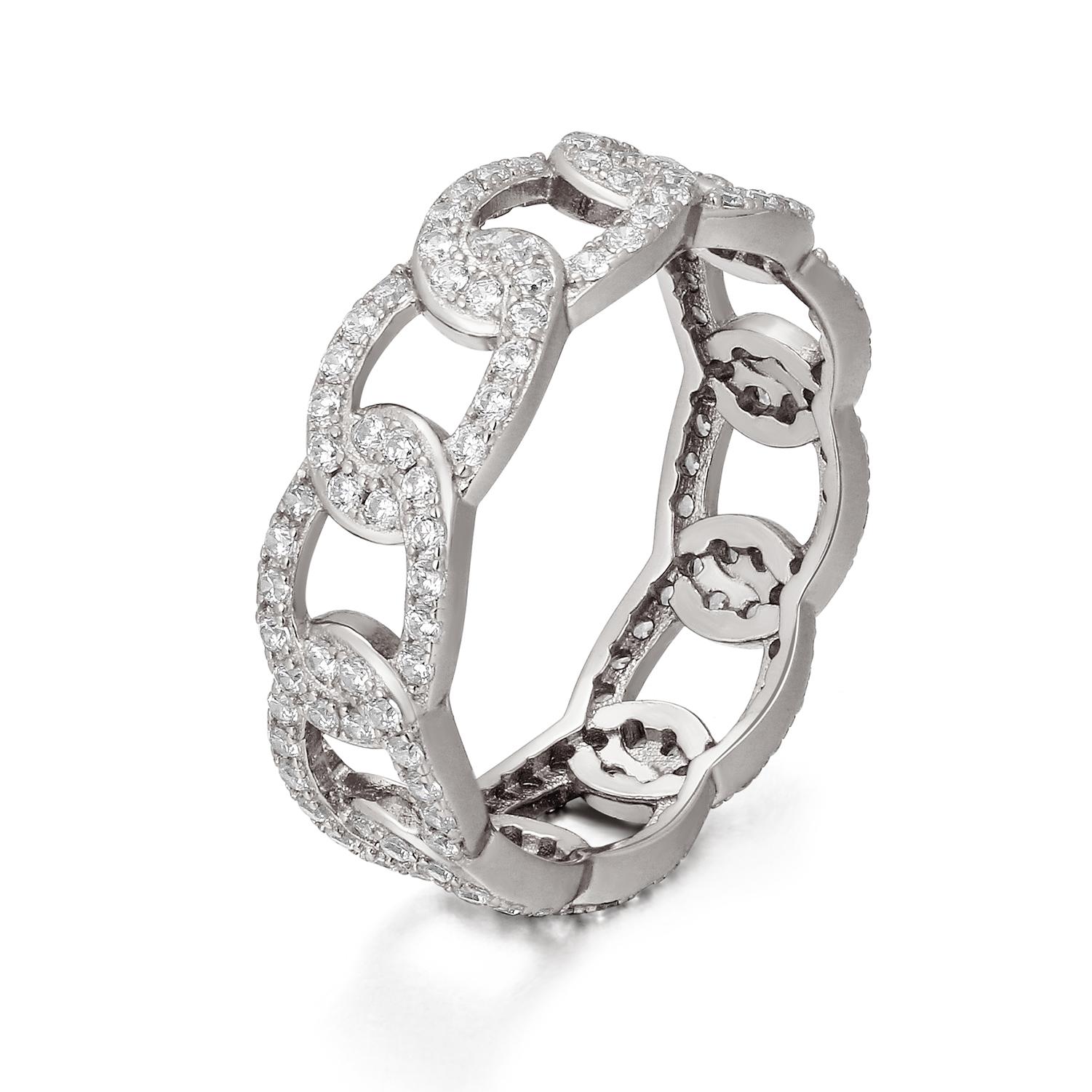 925 Real Silver Cuban Link Ring Cuban Chain Type Ring Blue Iced Out CZ Cuban Link Band Gold Plated Mens Bling Hip Hop Ring 6 серебряный