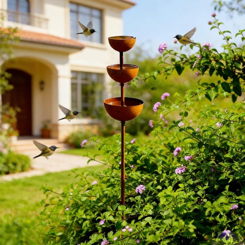Heavy Type Metal Garden Stake With Rainwater Collector Outdoor Standing Bird Bath Bowl Rain Catchers Garden Stake