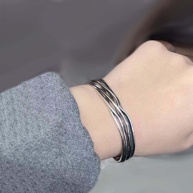 Wave Weave Personalized Minimalist Silver Punk Bracelet - Open Design Bangle