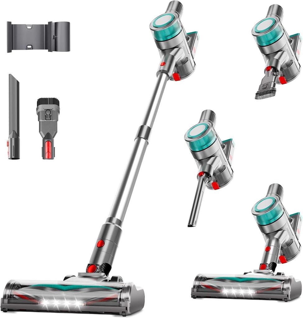 Powerful Cordless Stick Vacuum Cleaner, 6-in-1 Lightweight Handheld with Rechargeable Battery, 45 Min Runtime for Hard Floors &