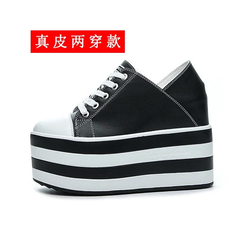 

12 Cm Super High Heel White Sneakers for Women Platform Casual Shoes Genuine Leather Sneakers On Platform 2024 Springnew Shoes 34 чёрный